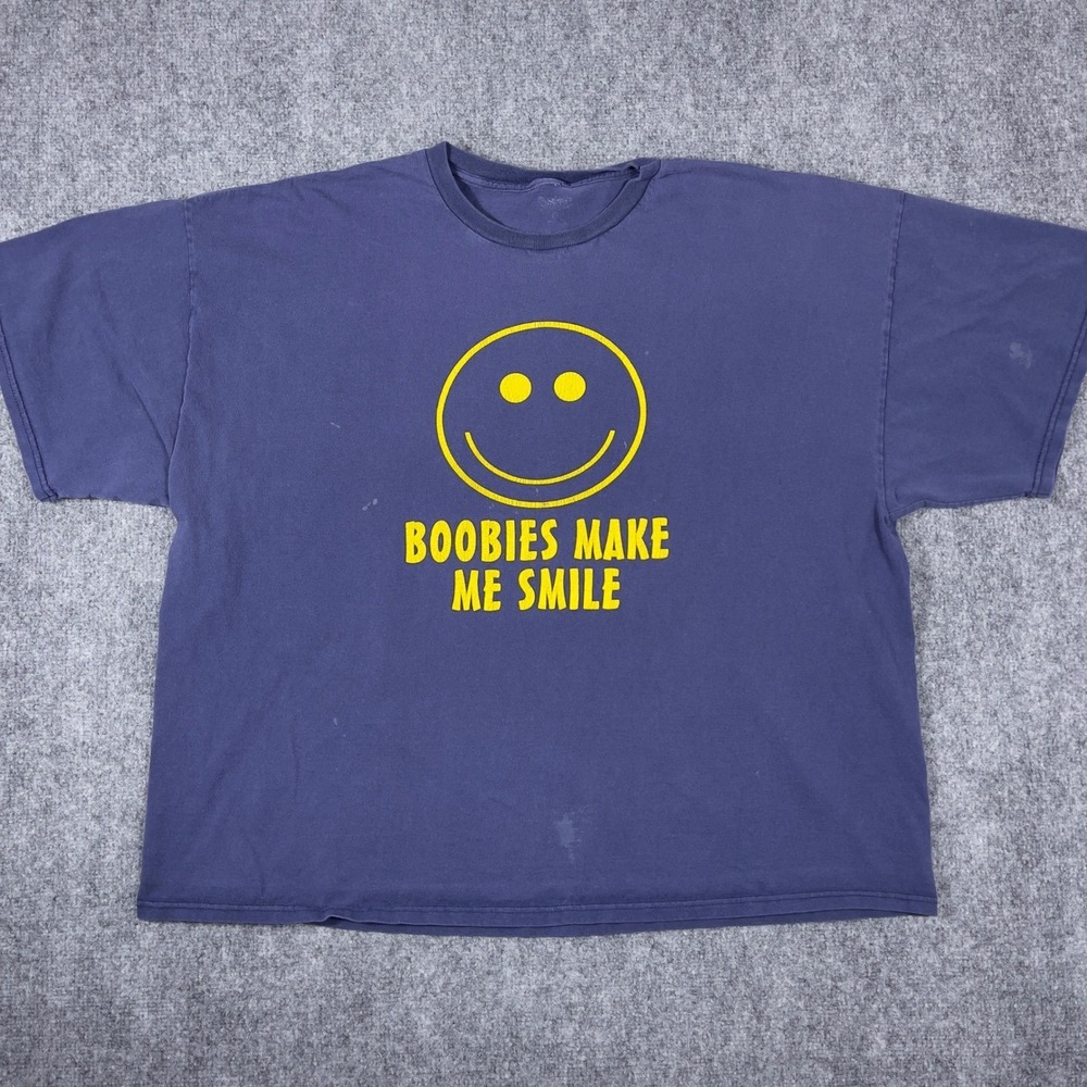 Boobies Make Me Smile Smiley Face Graphic Tee Mens 2XL Blue Short Sleeve